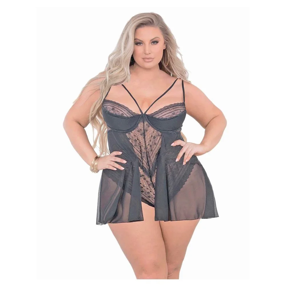 Plus Size Lace Teddy Lingerie Dark Red Underwire Flyaway Mesh Skirt Bodysuit 1X